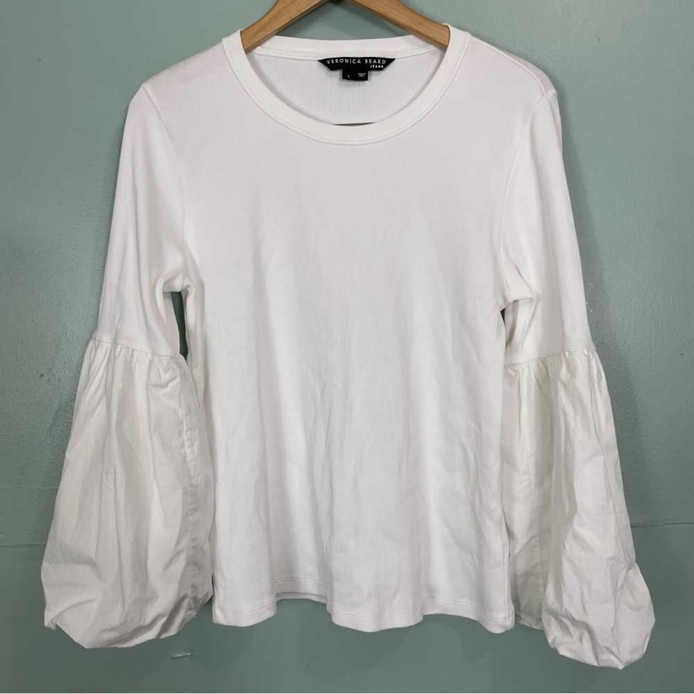 Veronica Beard Jeans Top Blouse Long Sleeve Puffed Sleeves White Women Sz Large